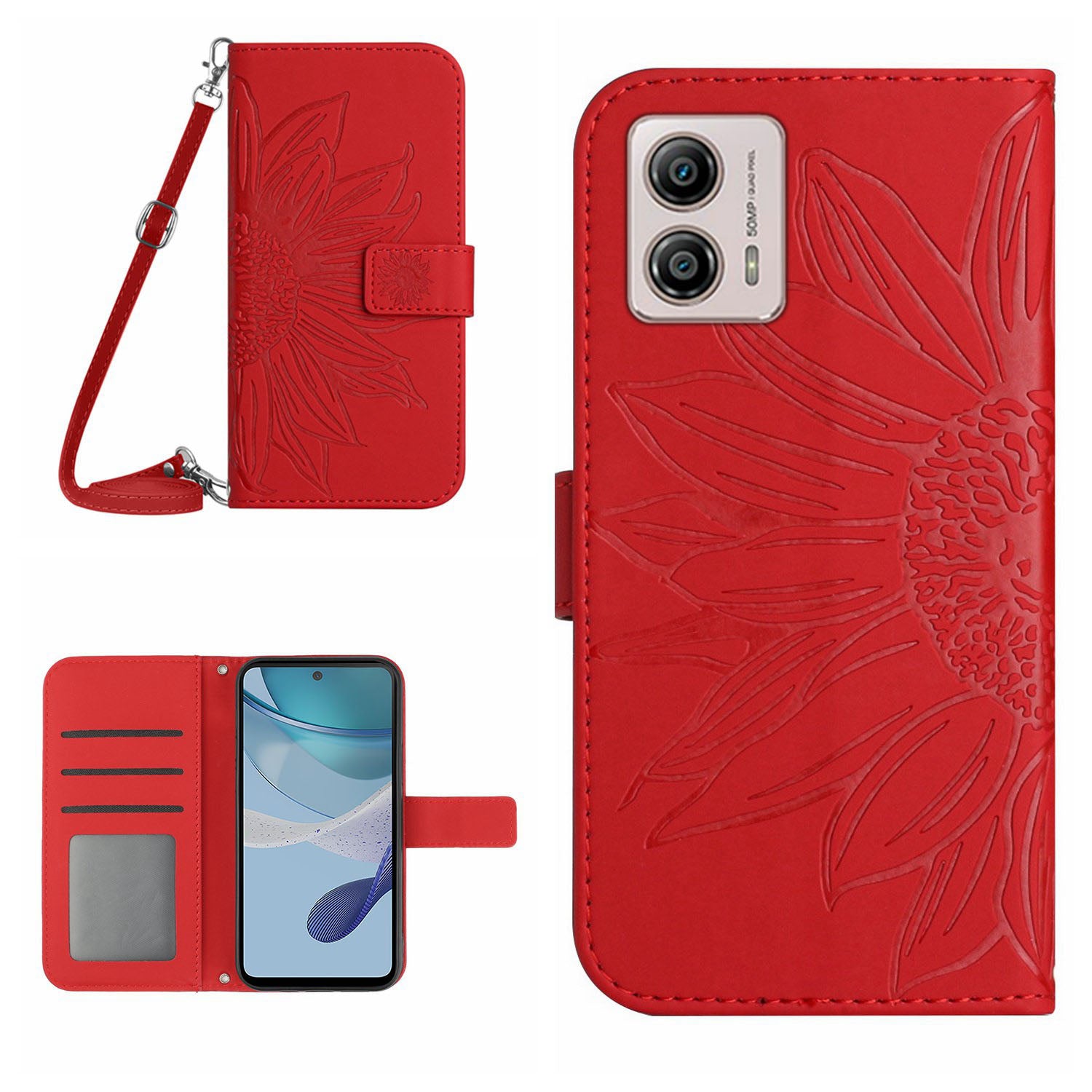 HT04 Stand Wallet Cover for Motorola Moto G53 5G Sunflower Imprinted PU Leather Case with Shoulder Strap HT04 Stand Wallet Cover for Motorola Moto G53 5G Sunflower Imprinted PU Leather Case with Shoulder Strap